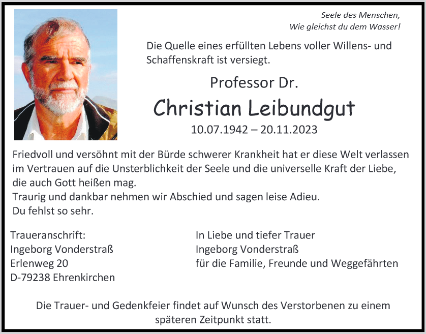 Traueranzeige Prof. Dr. Christian Leibundgut